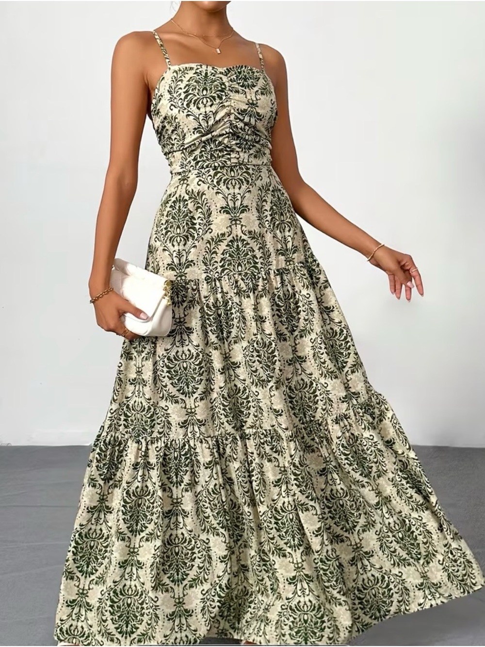 ⚜️ New Maxi Dress in Green & Cream Damask Print Size S Small ⚜️